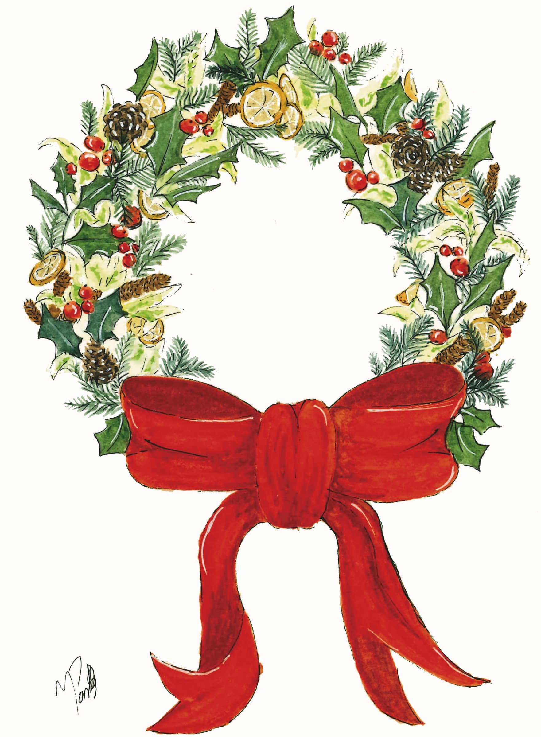 Christmas Wreath — watercolour greeting card by Meriel